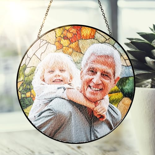 LOVELYPOD Personalized Grandma Stained Glass Sun Catcher, Photo Family Portrait Faux Window Hanging Ornament, Custom Photo...