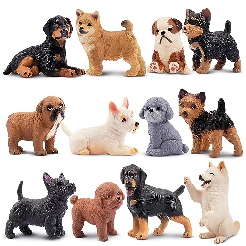 EYSCOTA 12PCS Dog Figurines, Realistic Plastic Puppy Figurines, Hand Painted Emulational Tiny Dogs Animals Toy, Dog Cake T...