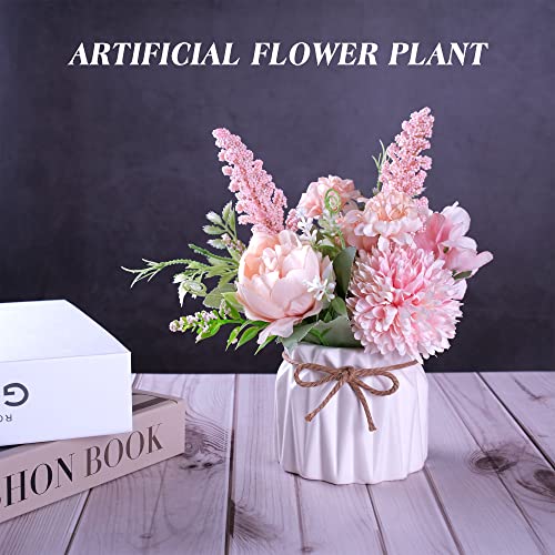 Artificial Potted Flowers Pink, Small Ceramic Vase Fake Flower Plants Desktop Decoration Indoor for Home and Office, Faux ...