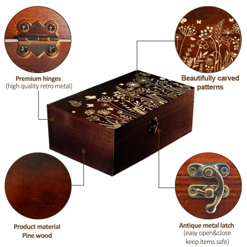 arricraft 1 Pc Wooden Memory Keepsake Box, Wildflower Cluster Butterflies Engraved Pattern Rectangle Pine Tarot Box for An...