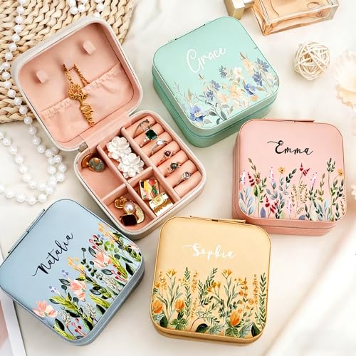 Custom Travel Jewelry Box with Name Birth Flower, Personalized Small Travel Jewelry Case for Rings, Earrings, Necklaces, C...