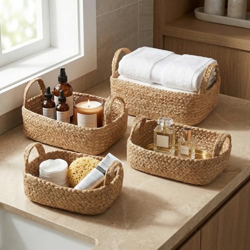 Beautiful Storage Basket Set of 4 - Natural Jute Rope Baskets for Shelves Are Perfect for Organizing Your Home - Quality S...