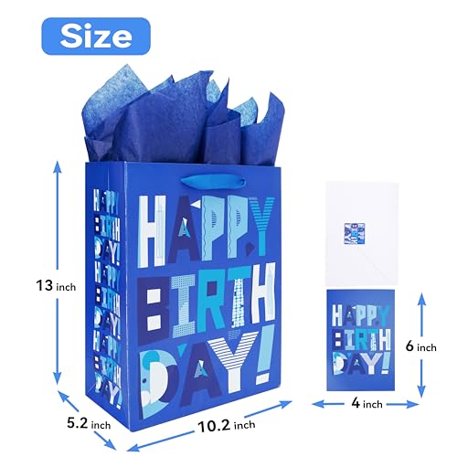 wishinside 13" Large Blue Gift Bags Set with Greeting Card and Tissue Papers (Blue Happy Birthday) for Men's Birthday Part...