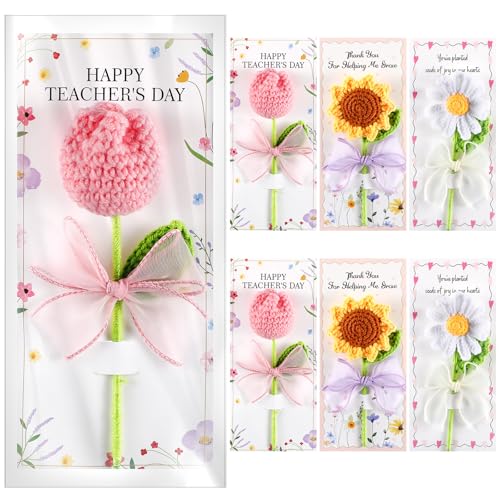 Frienda 6 Set Teacher Appreciation Gifts Crochet Flowers with Greeting Cards and Bows Knitted 5.91" Sunflowers Daisy Tulip...