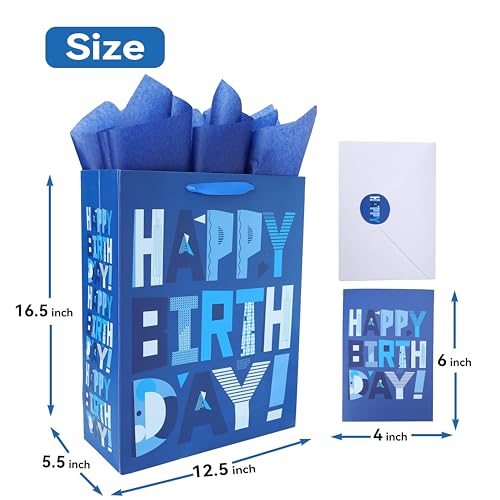 wishinside 16.5” Extra Large Blue Gift Bags Set with Greeting Card and Tissue Papers (Blue Happy Birthday) for Men's Birth...