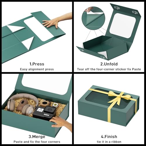 PSHVYM Large Gift Box with Window, 13.5x9x4.3 In Green Gift Box for Presents Magnetic Lids Collapsible for Bridesmaid Prop...