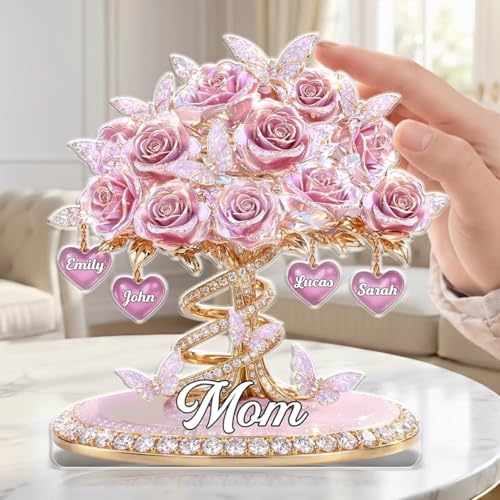 Custom Rose Tree Acrylic Plaque - Personalized Mother’sDay Gifts For Mom, Kids Names Heart Keepsake, Pink Floral Family De...