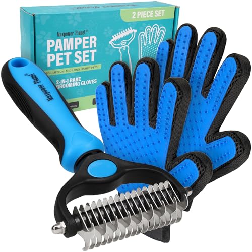 Maxpower Planet Pet Grooming Brush and 2X Grooming Gloves Combo - Double Sided Dematting, Deshedding Undercoat Rake for Do...