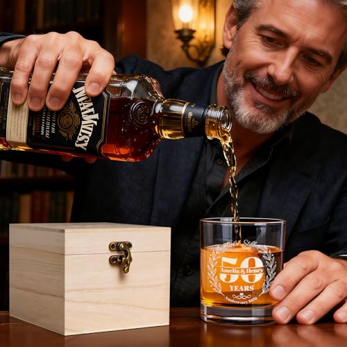 Lyrissa Personalized 12 oz Whiskey Glasses for Men, Custom Anniversary - Gifts for Couple Him Husband in Premium Wooden Bo...