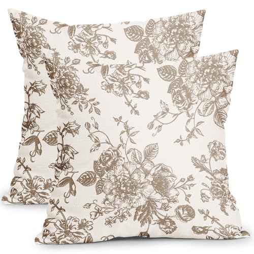 Vintage Floral Pillow Covers 18x18 Inch Set of 2 Tan and Cream Floral Throw Pillow Covers Chinoiserie Flower Pillowcases R...