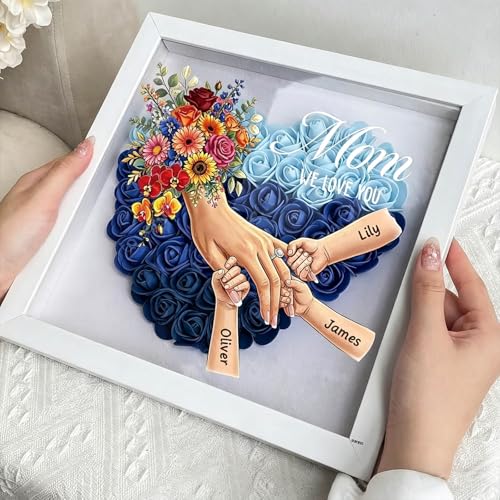 Personalized Mommy Holding Hands Shadow Box with Ring & Manicure – Custom Kids Names Floral Heart Frame, Premium (Holding ...
