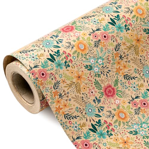 WRAPAHOLIC Kraft Floral Wrapping Paper Roll - Mini Roll - 17 Inch x 9.8 Feet - Spring Summer Garden Flower Design Perfect ...