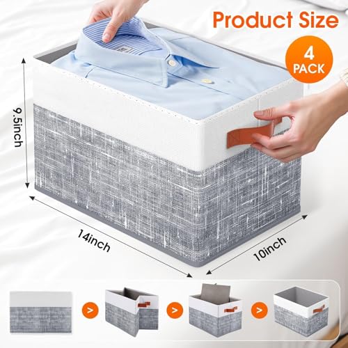 Fab totes Collapsible Storage Baskets for Shelves,14"x10", 4 Pack Foldable Fabric Storage Bins with Double Leather Handle...