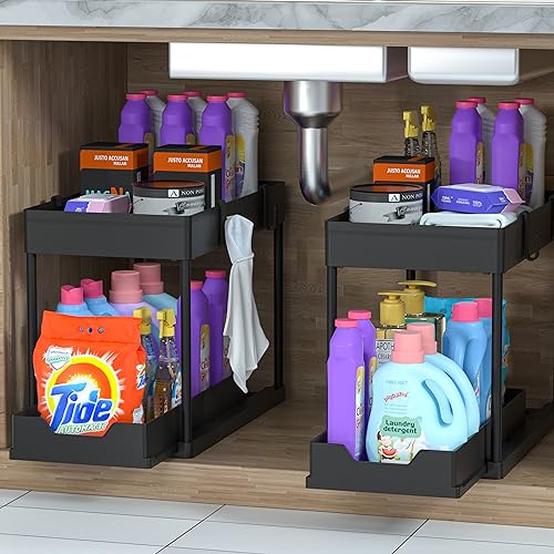 DEKAVA Under Sink Organizer 2 Pack, Bathroom Cabinet Organizer, 2 Tier Sliding Cabinet Basket Organizer Drawer, Multi-Purp...