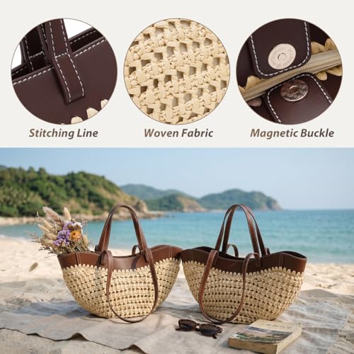 Large Straw Tote Bag for Women, Woven Summer Beach Bag with Leather Trim & Double Straps, Handmade Mesh Boho Shoulder Bag