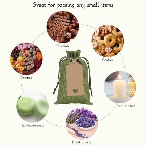 Tapleap Green Small Gift Bags with Drawstring - 30Pcs 4x6 Burlap Sacks for Wrapping Favors, Soap, Jewelry, Crosses Games, ...