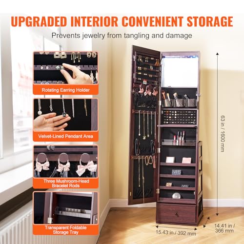 VEVOR 360° Swivel Jewelry Cabinet Armoire, 63-Inch Tall Lockable Jewelry Organizer with Full-Length Mirror, LED Light, Vel...