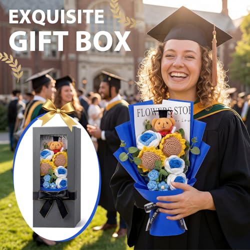 Norme Blue Graduation Crochet Flower Bouquet Gift Box, 2026 Grad Cap Bear Hand Knitted Rose Sunflower Bouquet Greeting Car...