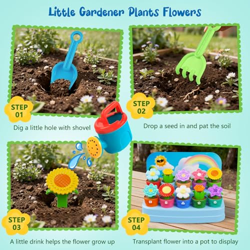 Montessori Flower Garden Building Toy for Toddlers, Gardening Set with Watering Can, Shovel, Rake, Shape & Color Sensory T...