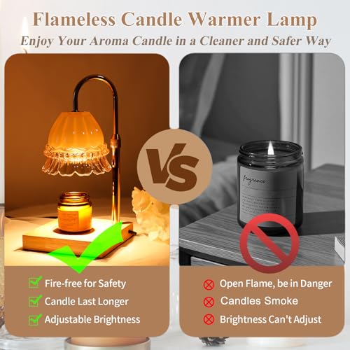 WARMCITY Glass Flower Lampshape Candle Warmer Lamp with Adjustable Height, Wax Burner Lamp with Timer and Dimmer, Wooden B...