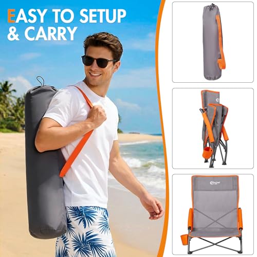 Portal Beach Chairs for Adults Camping Low Lightweight Portable Chair with Cup Holder Mesh Back Carry Bag for Outdoor Sand...