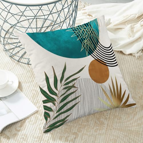 Boho Pillow Covers 20x20 Inch 2 Pcs,Aqua Teal Green Gold Tropical Leaf Summer Outdoor Decorative Throw Pillows,Mid Century...