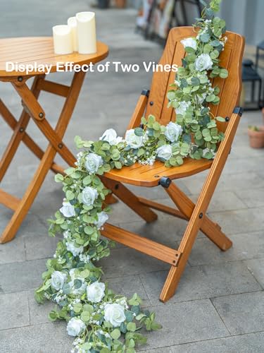 6FT Artificial Eucalyptus Garland with Flowers, 10 White Roses Baby Breath Garland Floral Greenery for Wedding Party Cente...