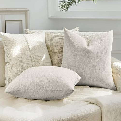 HAUSSY Natural White Wood Throw Pillow Covers 18x18 Inch Set of 2,Boho Decorative Faux Linen Throw Pillows Cozy Farmhouse ...