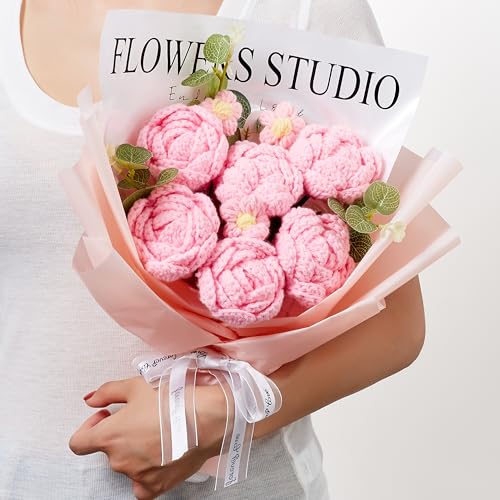 SITUMEIZI Handmade Crochet Flower Bouquet - 6 Pcs Pink Roses Knitted Bouquet Cotton Thread, Gifts for Women, Mom, Wife, Te...