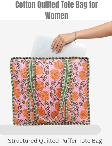 Third Eye Export 100% Cotton Quilted Tote Bag For Women 18x16– Large Zipper Reusable Beach Bag & Travel Bag Purse