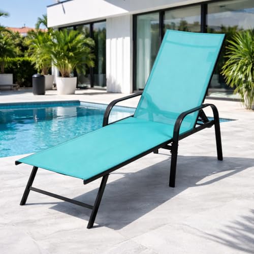 Simple Dexlue Aluminum Chaise Lounge Chair with Armrests, Foldable Outdoor Lounge Chair with 5 Position Adjustable Backres...