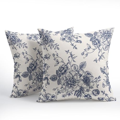 Vintage Floral Pillow Covers 18x18 Inch Set of 2 Navy Blue and Cream Floral Throw Pillow Covers Chinoiserie Flower Pillowc...