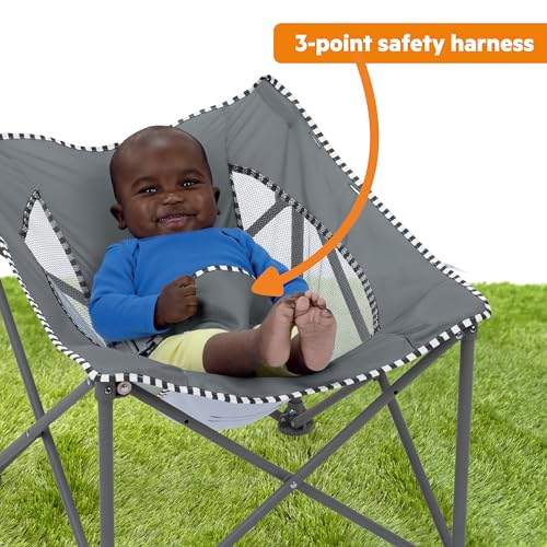 Bright Starts Pop 'N Chill Portable Infant Beach Chair, Travel Seat with UPF 50+ Canopy, Indoor/Outdoor Baby Seat, Grey, ...