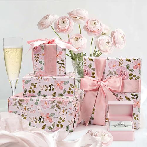 BIOBROWN Reversible Floral Wrapping Paper Roll - 17 Inches X 33 Feet (47 sq. ft. ttl.) Pink Watercolor Roses Design Flower...