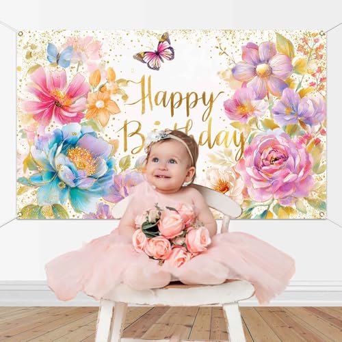 Mocsicka Floral Happy Birthday Banner Pink Flowers Butterfly Spring Party Decorations for Women Girls Photography Backgrou...
