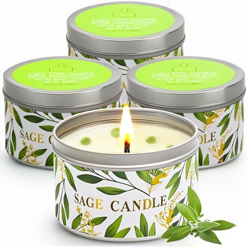 Sage Candle Gift Set, 4 Pack Natural Soy Wax White Sage Smudge Kit with Healing Crystals for House Cleansing Negative Ener...