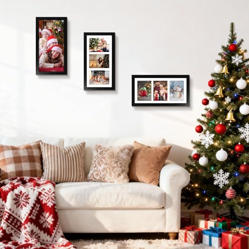 Golden State Art, 7x14 Black Photo Wood Collage Frame with Mat displays (3) 4"x6" Pictures