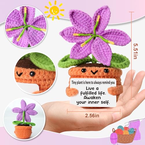 Handmade Purple Crochet Lily Flower - Mindfulness Message Inspirational Cheer Up Gift for Women, Best Friends, Coworkers T...