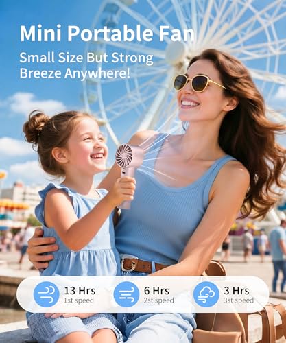 KinYiLO Mini Portable Fan, 3 Speed Handheld Fan with Desktop Base, Rechargeable Battery Powered Lightweight & Small Powerf...