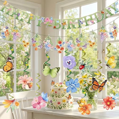 Spring Flower Birthday Decorations, Wildflower Party Decorations include Happy Birthday Banner and Flower Themed Hanging S...