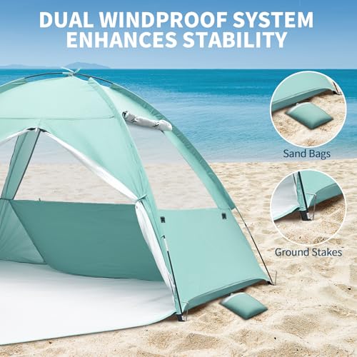 NHOWIN Beach Tent for 3-4 Person, Large Easy Setup Beach Shade Canopy with UPF 50＋ UV Protection, Portable Shade Tent with...