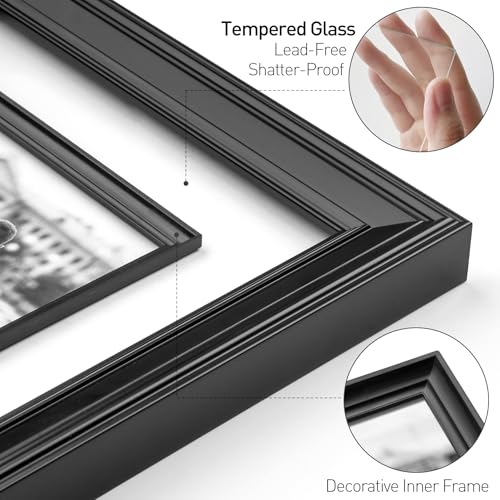 Yaetm 11x14 Black Picture Frame with Decorative Inner Frame & Tempered Glass, Display 8x10 Photos with Mat on Wall - Portr...