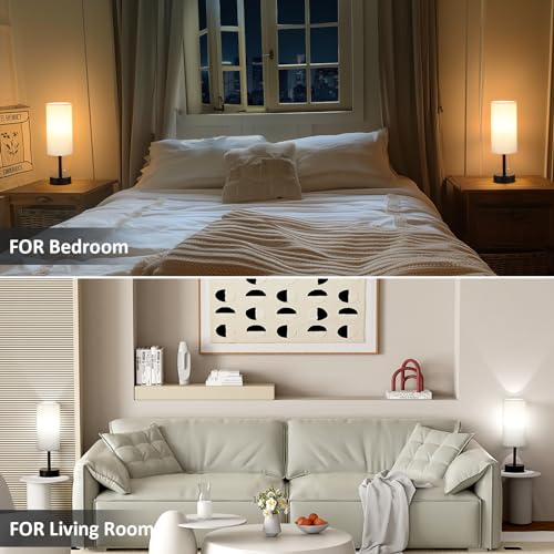 Fenmzee Bedside Table Lamps Set of 2-3 Color Temperatures Pull Chain Lamp with AC Outlet Charging Port, Small Round Night ...