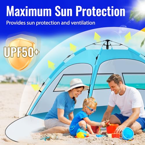 Beach Tent Sun Shelter – Pop Up Easy Setup in 3S Instant Tents for 4/5 Person Beach Umbrella Sun Shelter Shade, UV 50+ Pro...