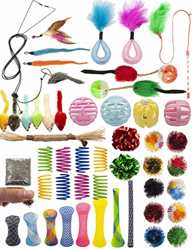 Fashion's Talk Cat Toys 50 Pcs for Indoor Cats,Interactive Door Hanging Mice Feather Toy Cat Spring Toy Cat Wand Catnip Cr...