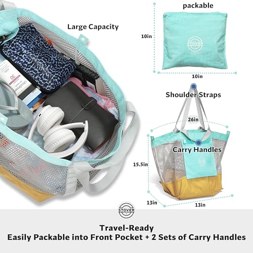 STOVER Extra Large Mesh Beach Bag, Vacation, Pool, Shopping & Travel Tote - Foldable w/Storage Pouch & Pockets for Women, Men