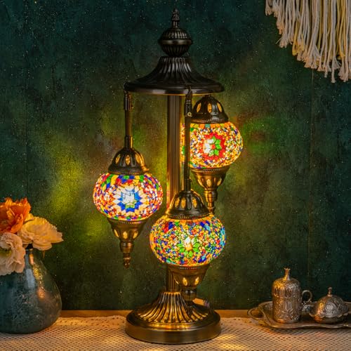 Marrakech Turkish Lamp 3 Globes Moroccan Table Lamp with Bronze Base, 23" Tall Handmade Colorful Tiffany Mosaic Glass Nigh...