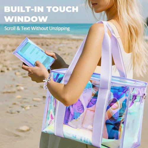 Sisipoet Large Beach Tote Bags for Women, 26L Iridescent Clear Tote Bag, Waterproof Tip-Proof Tote Bag for Beach, Gym