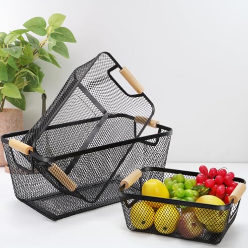 Noamus 3 Pack Metal Mesh Basket with Wooden Handle, Farmhouse Wire Steel Storage Bins, Rectangle Fruit Vegetable Organizer...