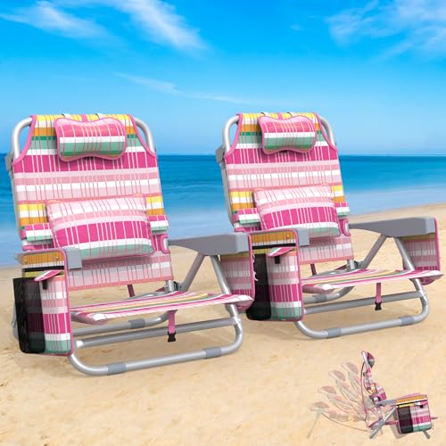 Suteck Backpack Beach Chairs for Adults, 5-Position Lay Flat Reclining Chair with Cooler Pouch, Cup Holder, Towel Bar, 2-P...